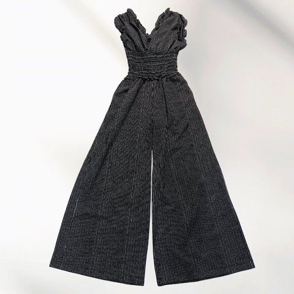 Max Studio Black White Striped Jumpsuit Size M - Wide Leg Sleeveless Romper - Picture 1 of 1